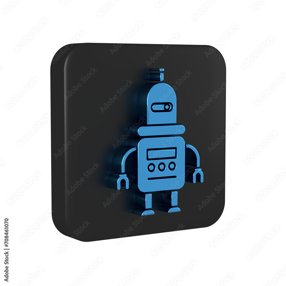 Poster blue robot icon isolated on transparent background. black square button.