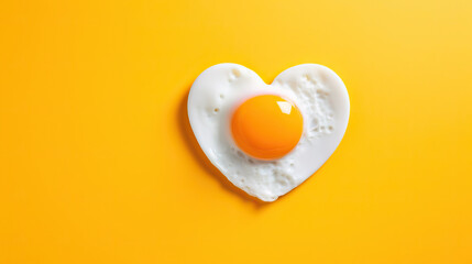 fried egg in the shape of heart on a yellow background - obrazy, fototapety, plakaty