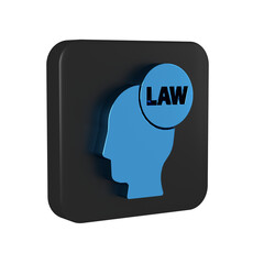 Blue Head with law icon isolated on transparent background. Black square button.