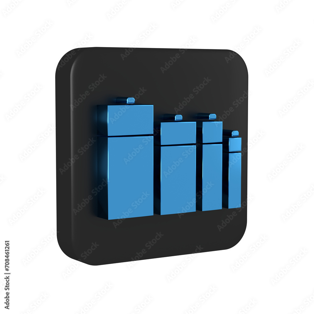 Sticker Blue Battery icon isolated on transparent background. Lightning bolt symbol. Black square button.