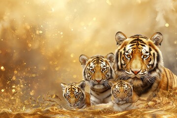Tiger family photos created with gold decorations provide luxurious and mysteriousness. generative ai