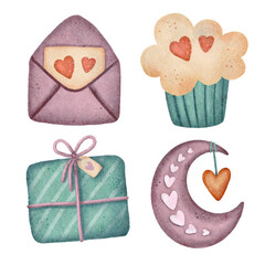 Cartoon romantic love valentines day elements and stickers. Valentines day 