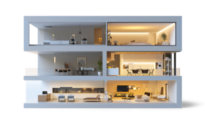 Residential building with illuminated apartments on white or transparent background