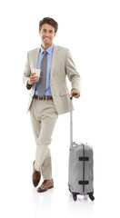 Business, man and travel or suitcase in studio with portrait and happy for coffee, meeting or trip. Entrepreneur, corporate professional and face with smile for journey or career on white background