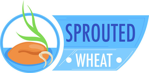 Sprouted wheat grain with green shoots in a blue circle. Healthy organic food label design. Nutrition and agriculture concept vector illustration.