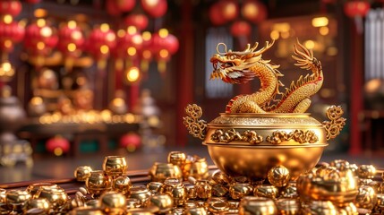Golden Dragon on Coins Pile Representing Wealth and Prosperity