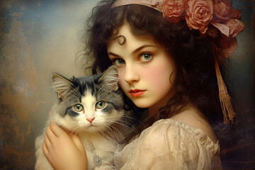 Imitation of old retro vintage cards, typography print. portrait of a young woman girl with a kitten. Nostalgia trend