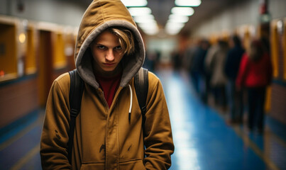 a lonely teenage boy in a yellow hooded jacket standing in a dark subway station with a frightened and aggressive look, concept of the difficulties of adolescence, intransigence, protesting