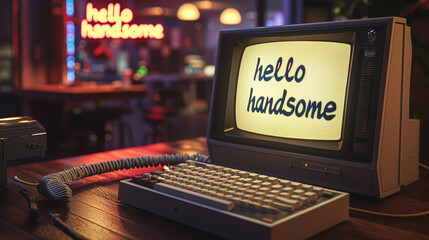 Vintage computer indoors with a screen that says Hello handsome