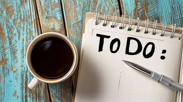 A notepad page with a blank to do lsit with a cup of coffee and a pen