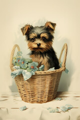 Imitation of old retro vintage cards, typography print. Congratulations puppy in a basket with flowers. Nostalgia trend