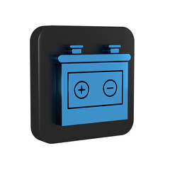 Blue Car battery icon isolated on transparent background. Accumulator battery energy power and electricity accumulator battery. Black square button.