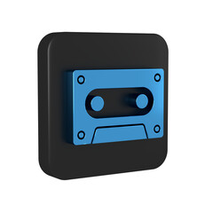 Blue Retro audio cassette tape icon isolated on transparent background. Black square button.