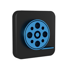 Blue Film reel icon isolated on transparent background. Black square button.