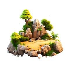 3D cute cartoon island isolated on transparent background