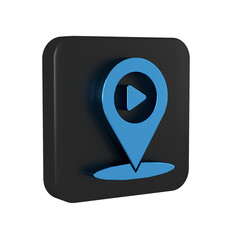 Blue Digital media play with pin location icon isolated on transparent background. Black square...