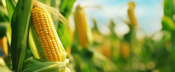 Close-up of ripe golden corn cobs in corn plantation field. Agriculture background. Generative AI