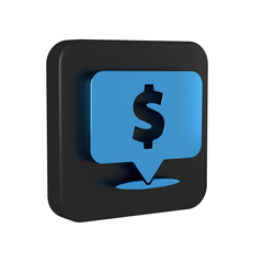Blue Speech bubble with dollar icon isolated on transparent background. Badge for price. Sale with dollar symbol. Promo tag discount. Black square button.