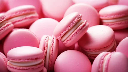 Fotobehang Pink strawberry macarons backdrop. View from above. Aesthetic delicious background. Pastel colour palette. Generative AI © AngrySun