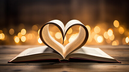 Open book with heart shaped pages. Pages folding inward to form a heart shape. A representation of...