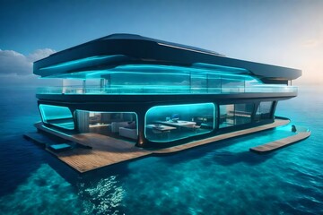 A futuristic floating home on the ocean's surface, featuring transparent floors that showcase the mesmerizing marine life beneath.
