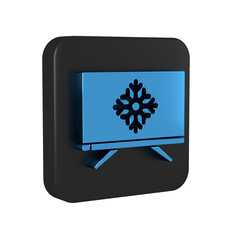 Blue Merry Christmas on television and snowflake icon isolated on transparent background. Happy New Year. Black square button.