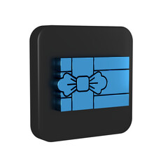 Blue Gift box icon isolated on transparent background. Black square button.