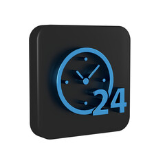 Blue Clock 24 hours icon isolated on transparent background. All day cyclic icon. 24 hours service symbol. Black square button.