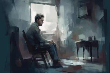 A lonely young man in a room, painted in watercolor on textured paper in gray-blue tones. Digital watercolor painting - obrazy, fototapety, plakaty