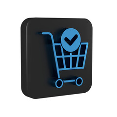 Blue Shopping cart with check mark icon isolated on transparent background. Supermarket basket with approved, confirm, done, tick, completed. Black square button.