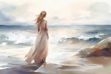 Fototapeta na wymiar Girl in white long dress looking out to sea, back view, painting painted in watercolor on textured paper. Digital watercolor painting
