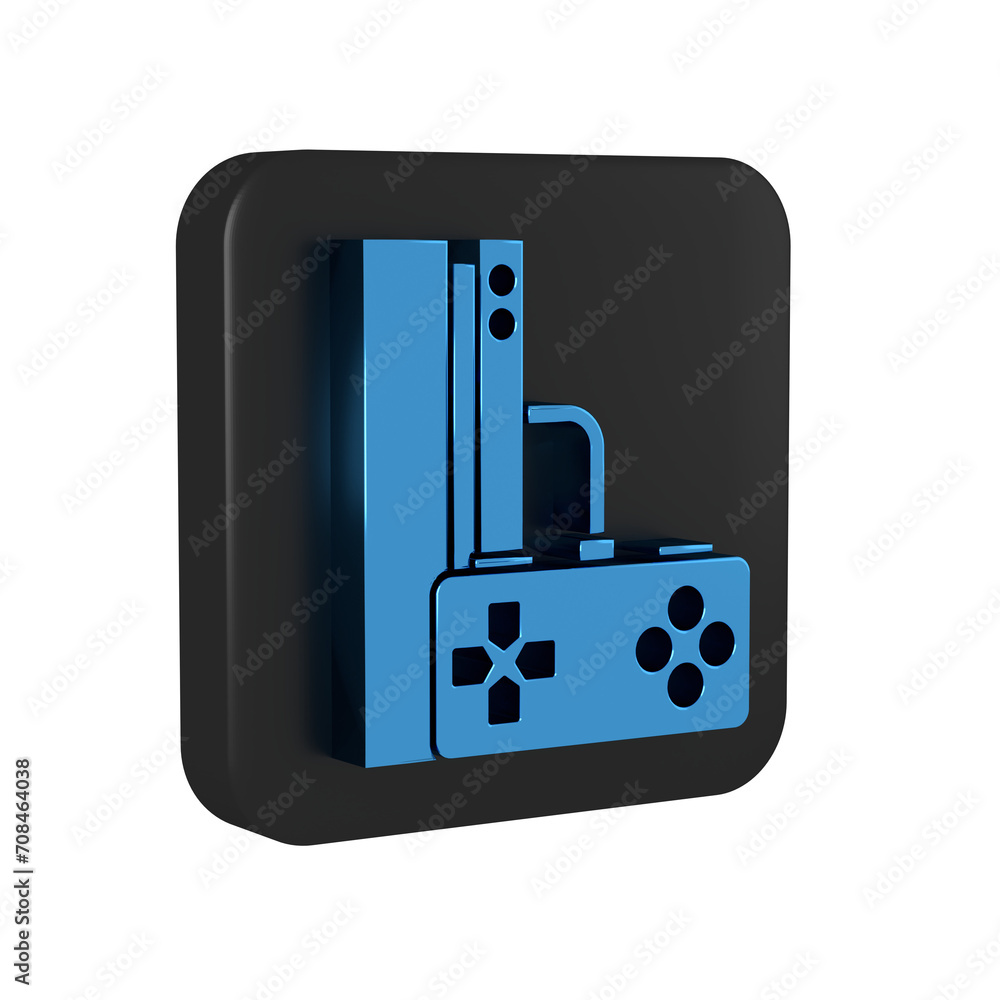 Poster blue video game console with joystick icon isolated on transparent background. black square button.