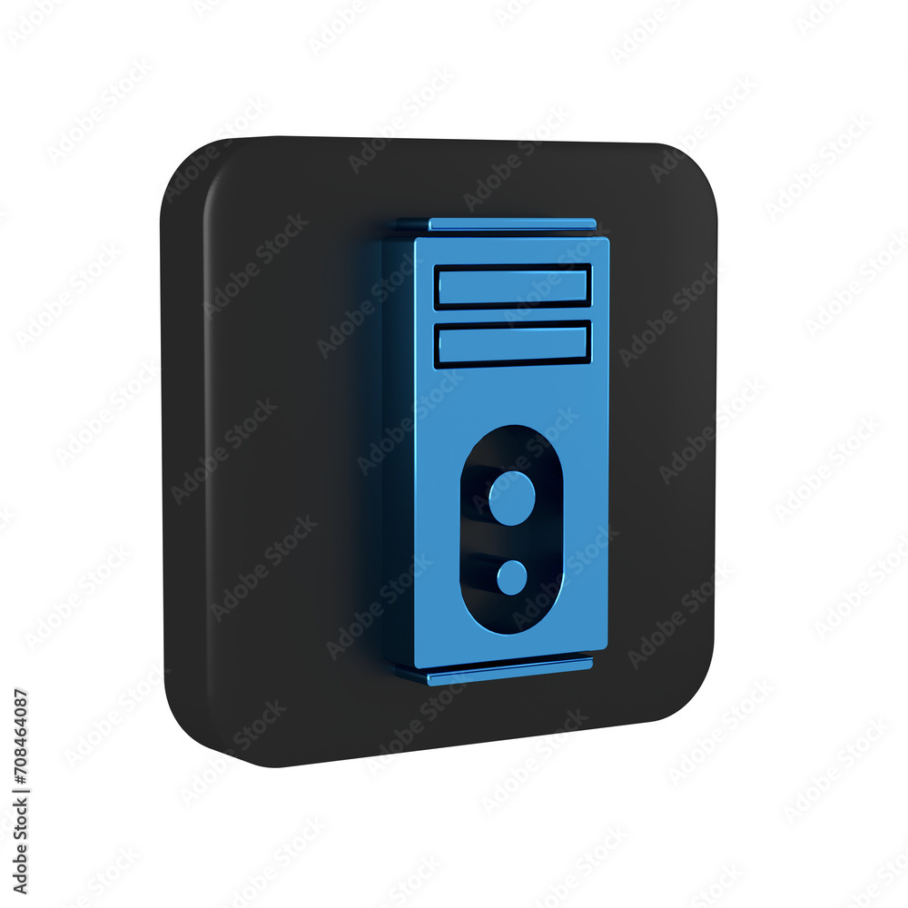 Poster blue computer icon isolated on transparent background. pc component sign. black square button.