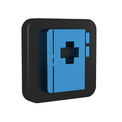 Blue Clipboard with dental card or patient medical records icon isolated on transparent background. Dental insurance. Dental clinic report. Black square button.