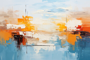 Abstract background on old canvas, combination of red, blue, orange and white, painted with watercolors.