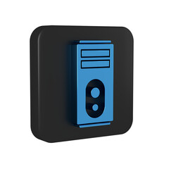 Blue Computer icon isolated on transparent background. PC component sign. Black square button.