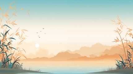 Fototapeta na wymiar Japanese landscape illustration, Mountains and Sunset