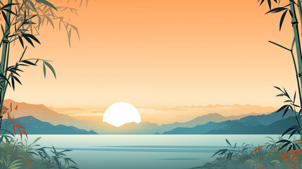 Fototapeta na wymiar Japanese landscape illustration, Bamboo, Mountains and Sunset