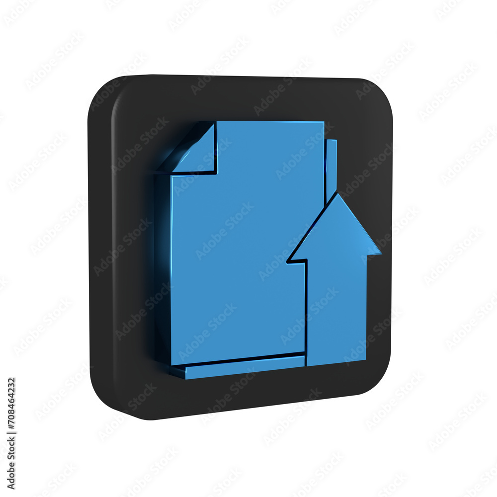 Poster blue upload file document icon isolated on transparent background. document arrow. black square butt