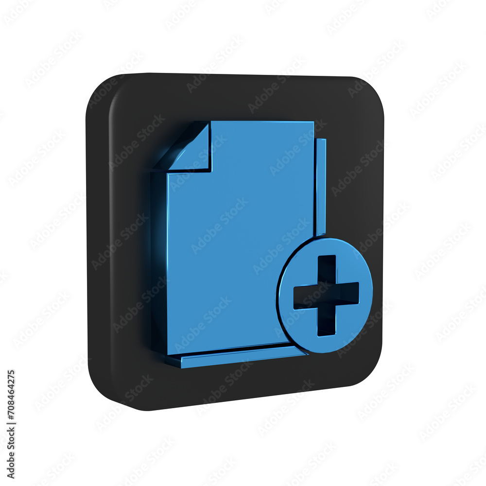 Poster blue add new file icon isolated on transparent background. copy document icon. black square button.