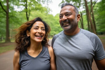 Modern Middle-Aged Indian Couple in the Park Generative Ai
