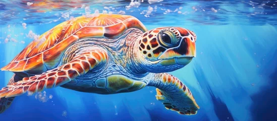 Fotobehang Bitten sea turtle swims in blue water, missing flippers. © TheWaterMeloonProjec