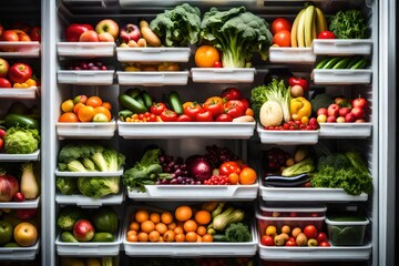 A well-stocked refrigerator with colorful fruits and vegetables neatly arranged on the shelves.
