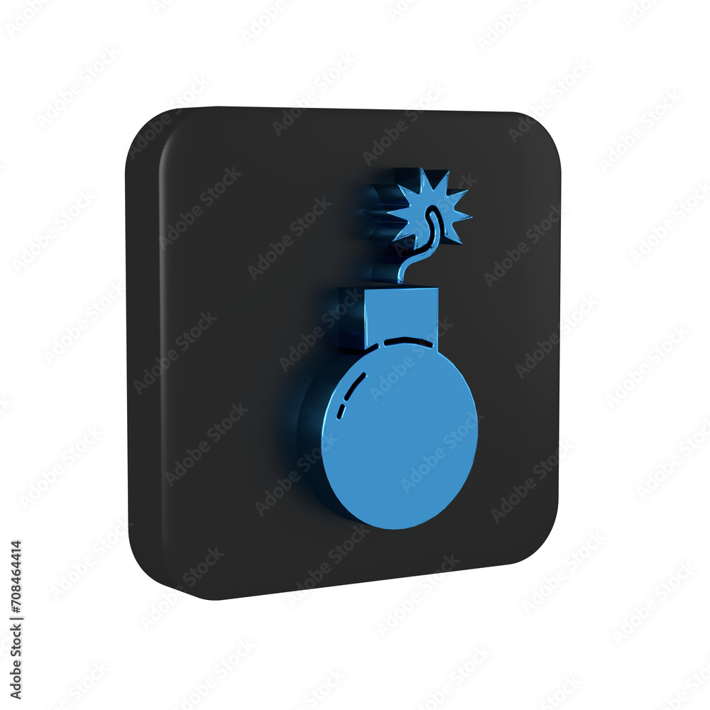 Poster blue bomb ready to explode icon isolated on transparent background. black square button.