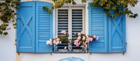Blue-shuttered window adorned with heart-shaped cuts and bougainvillea flowers, found in the French Riviera. - obrazy, fototapety, plakaty