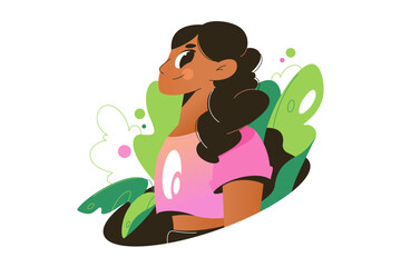 Portrait of young African American woman in leaves isolated on a white background. Profile avatar of beautiful black girl. Side view. Vector flat illustration