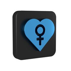 Blue Heart with female gender symbol icon isolated on transparent background. Venus symbol. The symbol for a female organism or woman. Black square button.