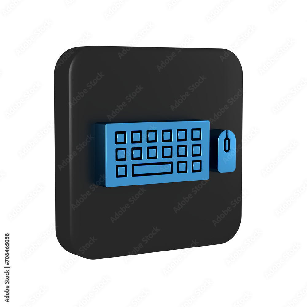 Poster blue computer keyboard and mouse icon isolated on transparent background. pc component sign. black s