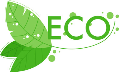 Green eco-friendly logo with leaf and bubbles. Environmental conservation, sustainability emblem. Ecological branding design, green living vector illustration.