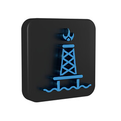Blue Oil rig with fire icon isolated on transparent background. Gas tower. Industrial object. Black square button.